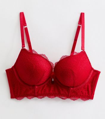 Red Floral Lace Diamante Push Up Bra New Look