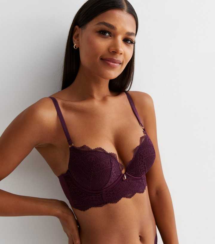 Burgundy Floral Lace Diamanté Push Up Bra