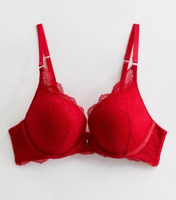Red Floral Lace Diamanté Boost Bra New Look