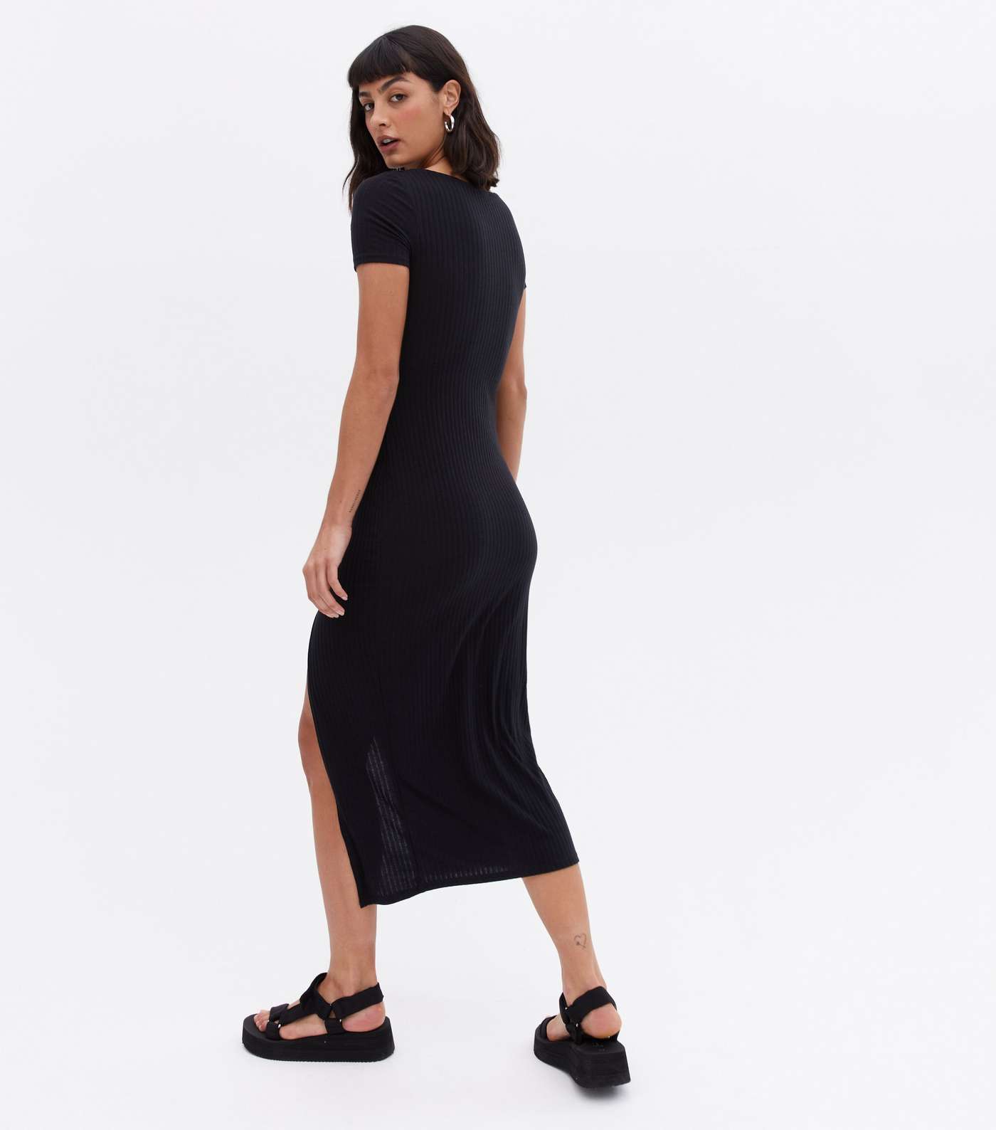 Black Jersey Scoop Neck Split Midi Dress Image 3