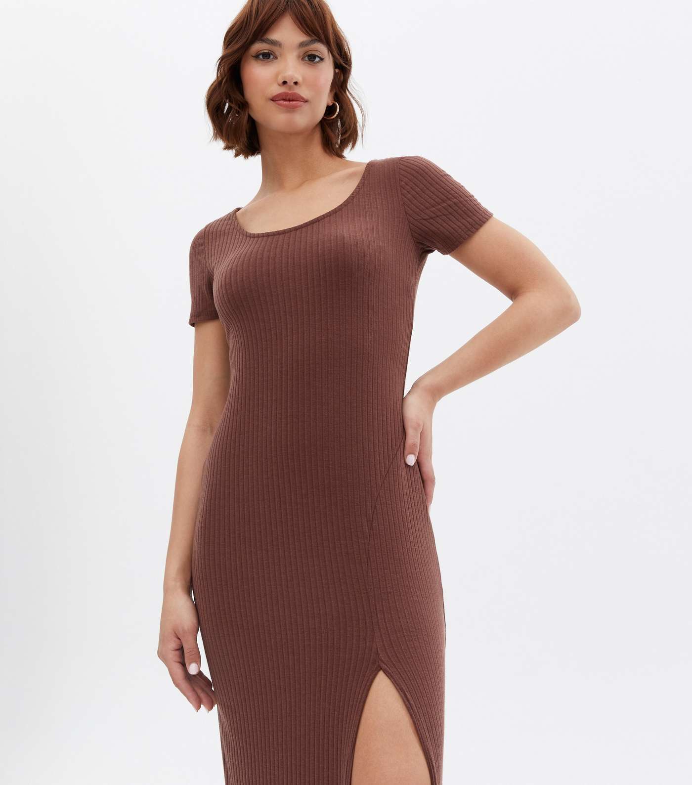 Dark Brown Jersey Scoop Neck Split Midi Dress Image 3