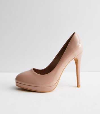 Cream Patent Round Platform Stiletto Heel Court Shoes