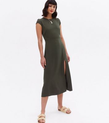 Khaki Open Back Split Hem Midi Dress New Look