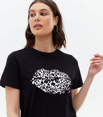 Black Leopard Print Lips Logo T Shirt New Look