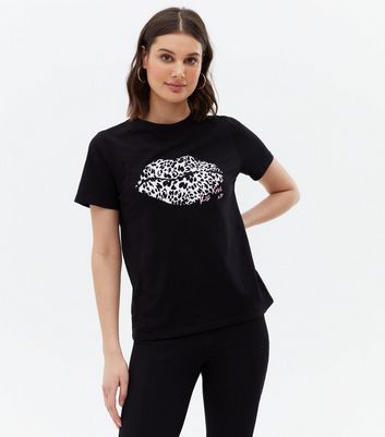 Black Leopard Print Lips Logo T Shirt New Look