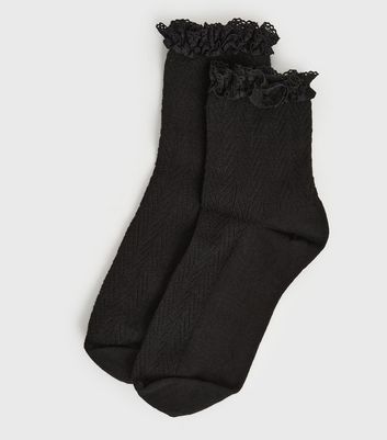 Black Cable Knit Frill Socks New Look