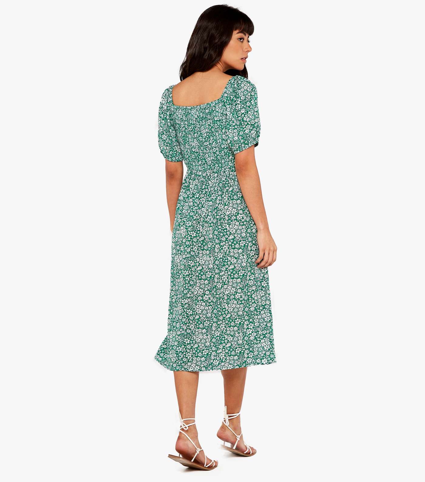 Apricot Green Ditsy Floral Puff Sleeve Midi Dress Image 2