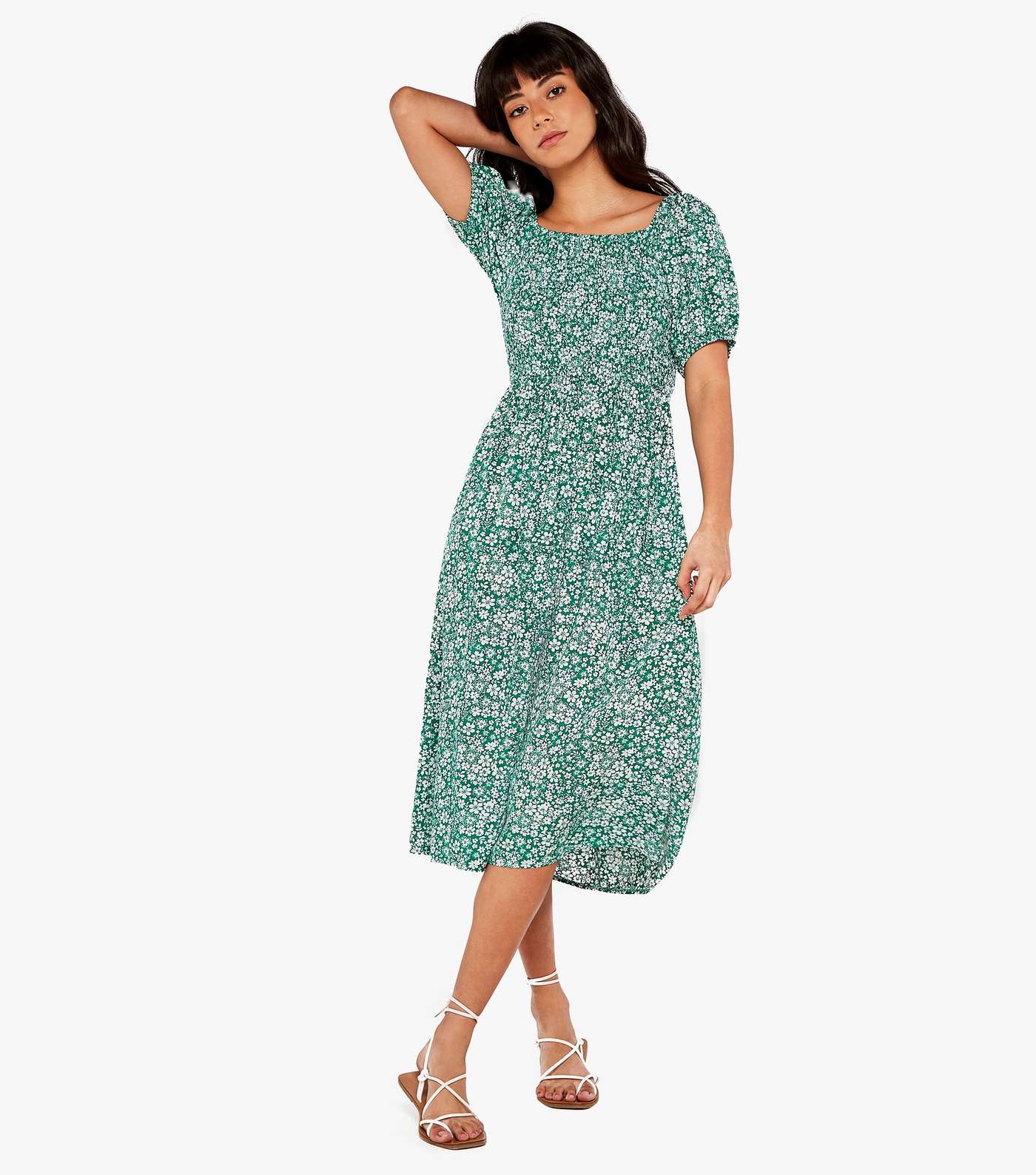 Apricot Green Ditsy Floral Puff Sleeve Midi Dress Image 4