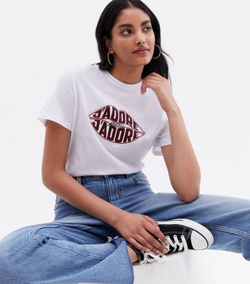 White Jadore Lips Logo T Shirt New Look