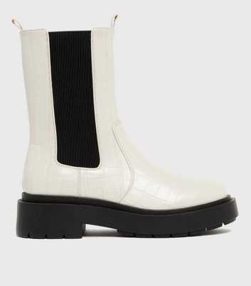 Off White Faux Croc Chunky High Ankle Boots