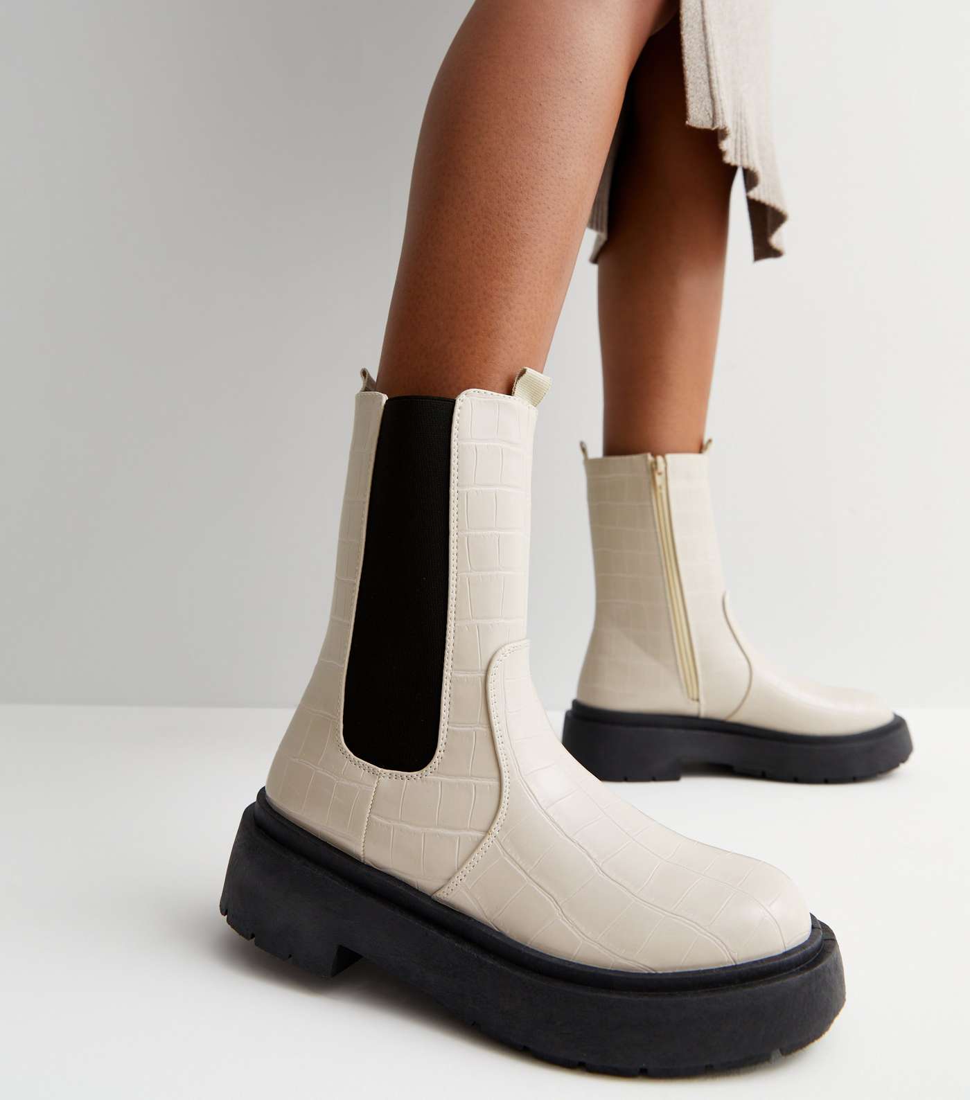 Off White Faux Croc Chunky High Ankle Boots Image 2