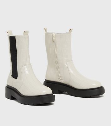 Off White Faux Croc Chunky High Ankle Boots New Look