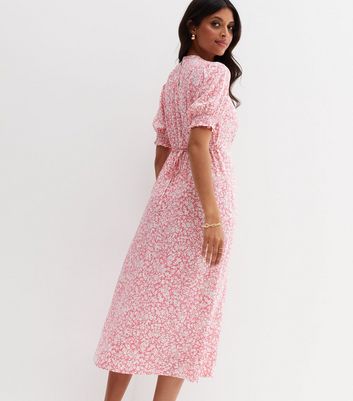 Pink Ditsy Floral Split Midi Dress New Look