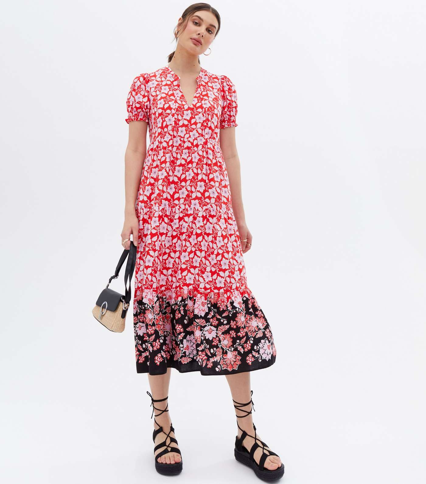 Red Floral Tie Neck Tiered Midi Smock Dress