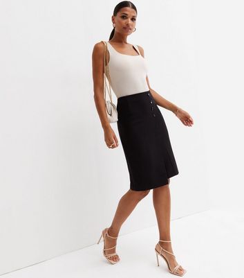 Black Button Wrap Pencil Skirt | New Look