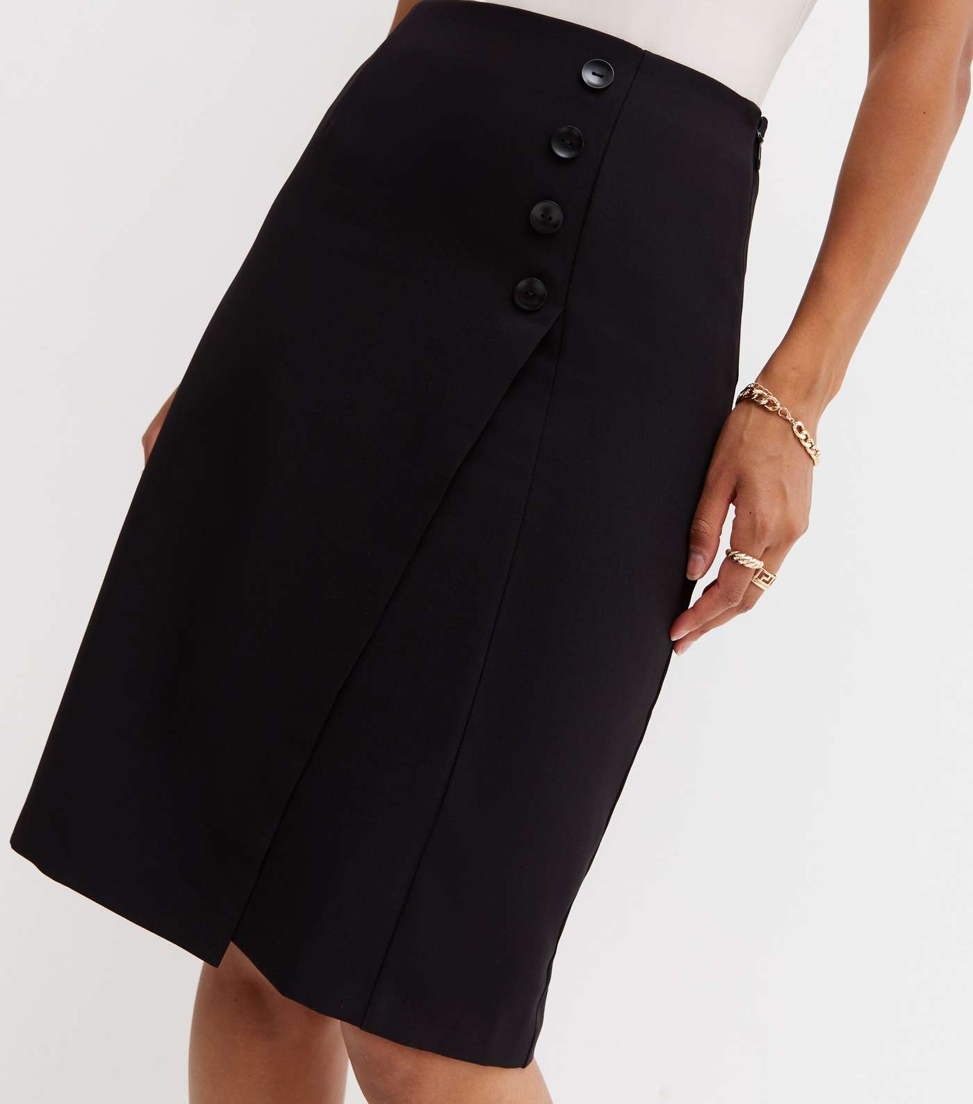 Black Button Wrap Pencil Skirt Image 3