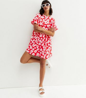 Red Floral Frill Mini Smock Dress New Look