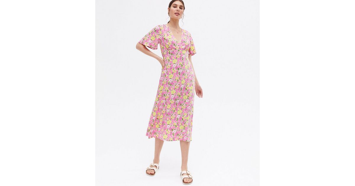 Pink/White Pattern S/S Flutter Midi Dress