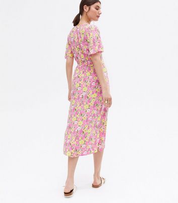Pink Floral Flutter Sleeve Midi Wrap 