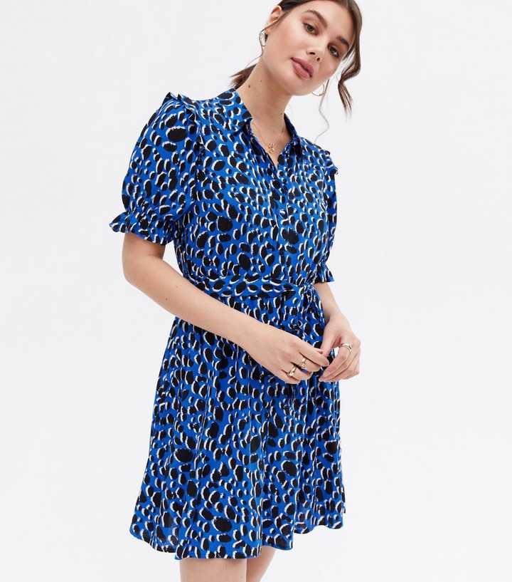 Blue Spot Short Puff Sleeve Mini Shirt Dress