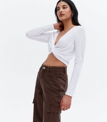 Off White Ribbed Knot Front Long Sleeve 