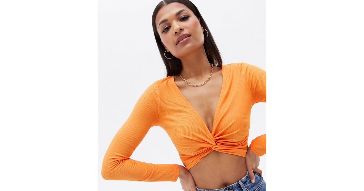 Bright Orange Ribbed Knot Front Long Sleeve Crop Top | New Look