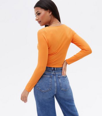 Bright Orange Ribbed Knot Front Long Sleeve Crop Top New Look