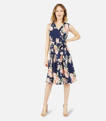 Mela Navy Floral Sleeveless Wrap Dress | New Look