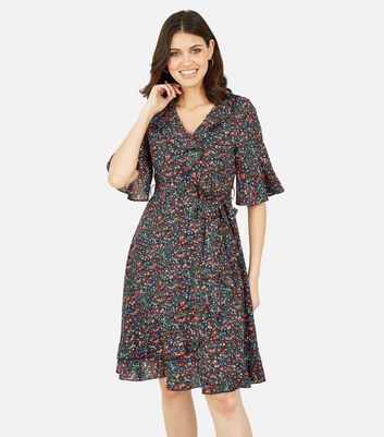 Mela Black Ditsy Floral Ruffle Mini Wrap Dress New Look