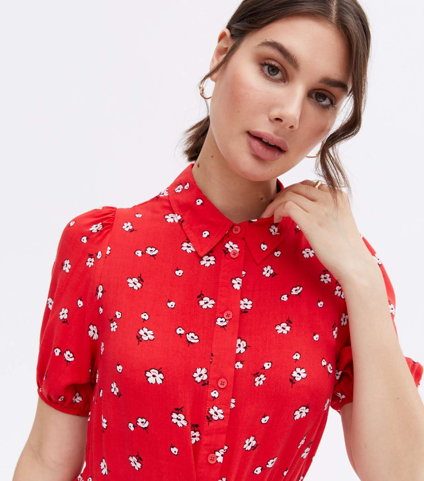 Red Ditsy Floral Tie Waist Midi Shirt Dress Image 3