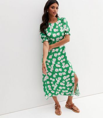 Green Floral Split Midi Dress New Look