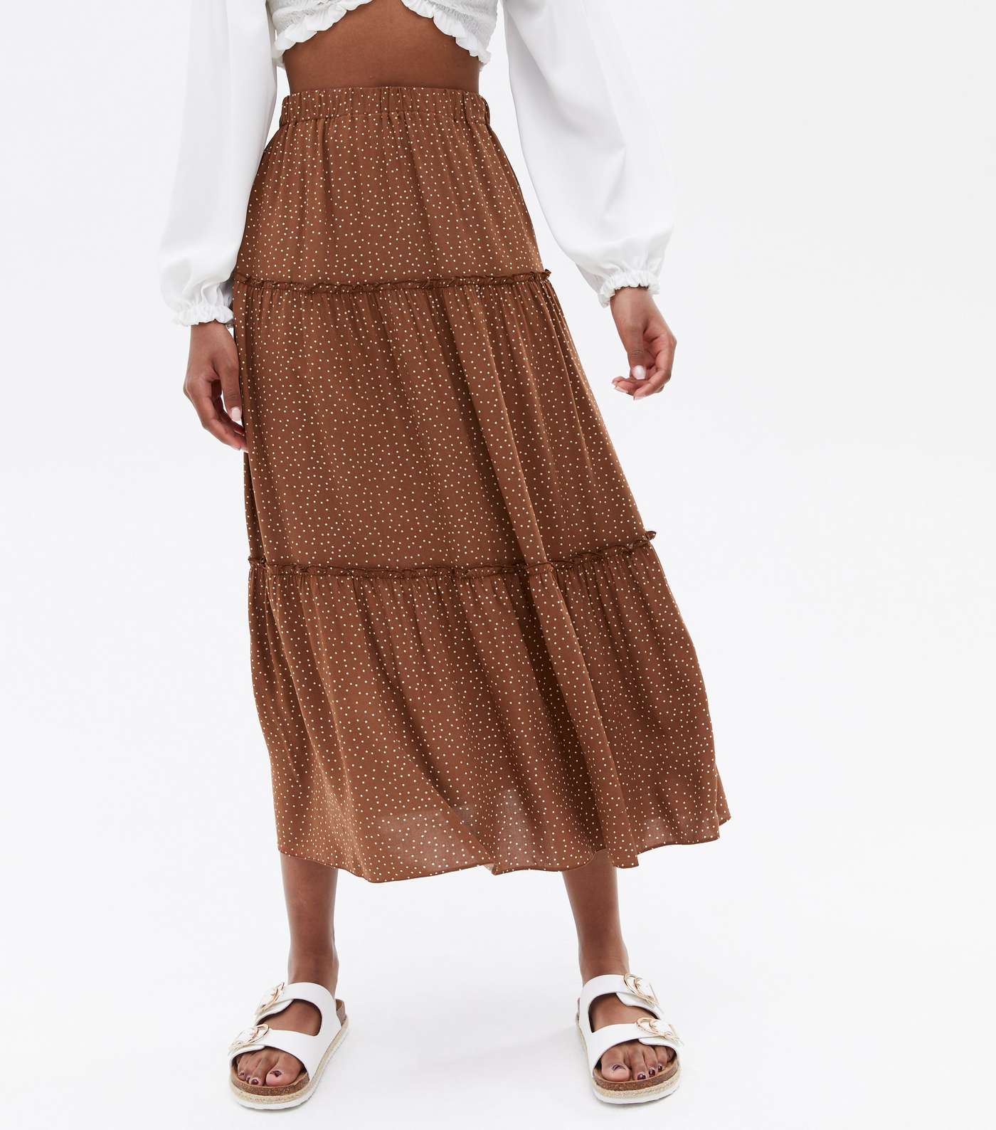 Brown Spot Tiered Midi Skirt Image 2