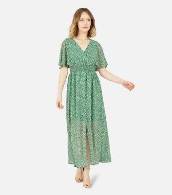 Yumi Green Ditsy Floral Shirred Maxi Wrap Dress New Look