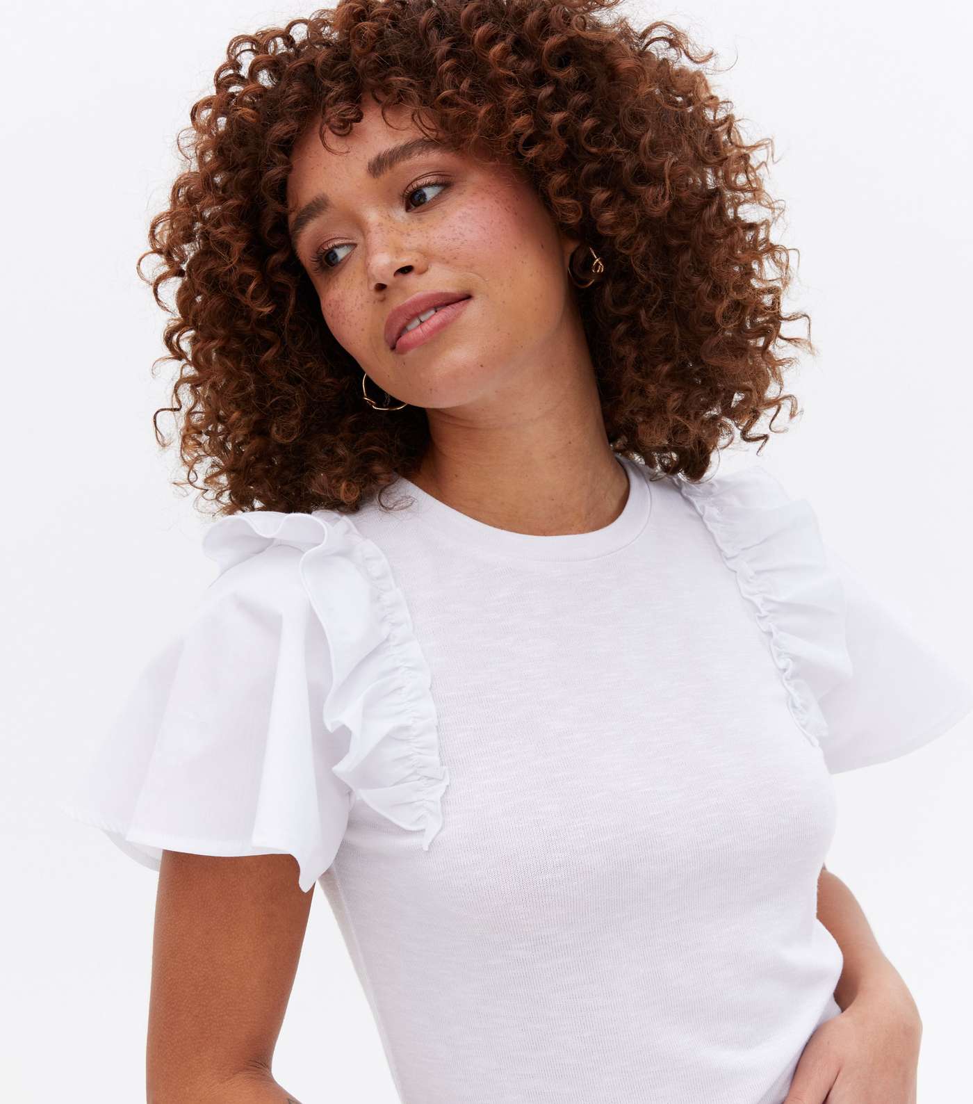 White Fine Knit Poplin Frill Sleeve T-Shirt Image 3
