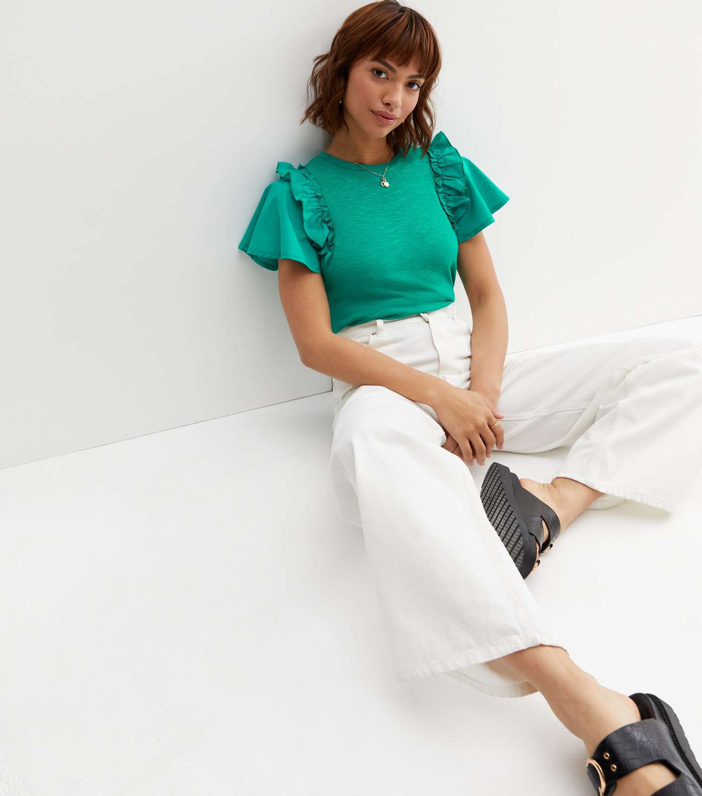 Green Fine Knit Poplin Frill Sleeve T-Shirt Image 3