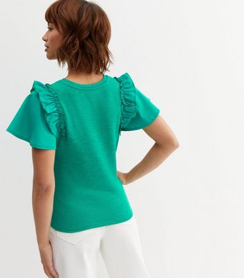 Click to view product details and reviews for Green Fine Knit Poplin Frill Sleeve T Shirt New Look.