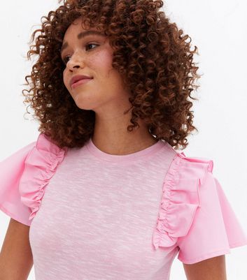 Bright Pink Fine Knit Poplin Frill Sleeve T Shirt New Look