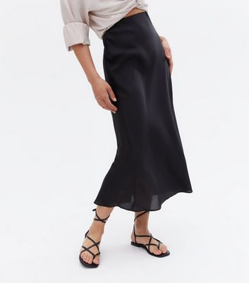 Black Satin Bias Cut Midi Skirt New Look