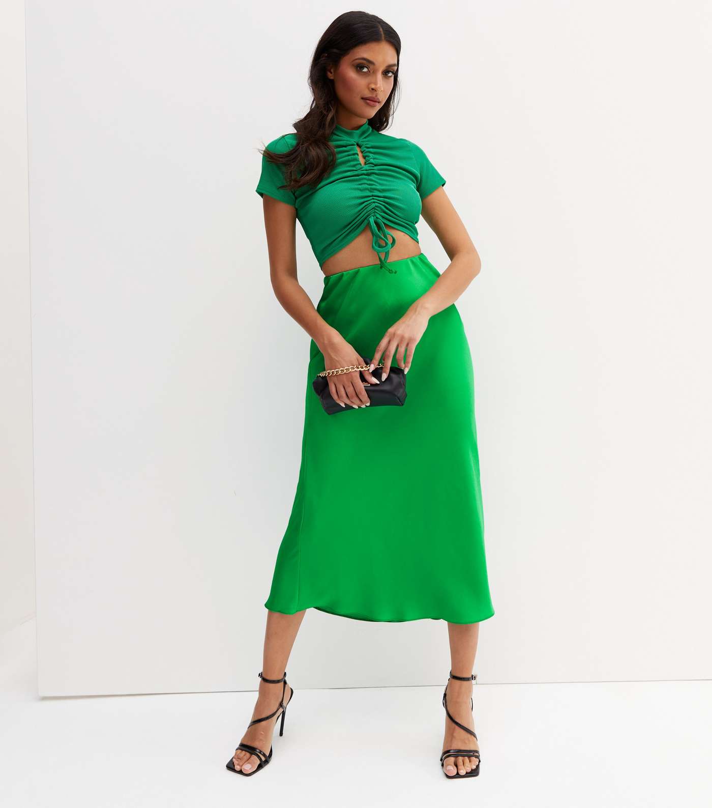 Green Satin Bias Cut Midi Skirt