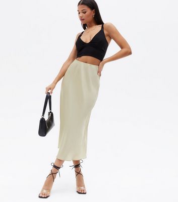 Light Green Satin Bias Cut Midi Skirt New Look