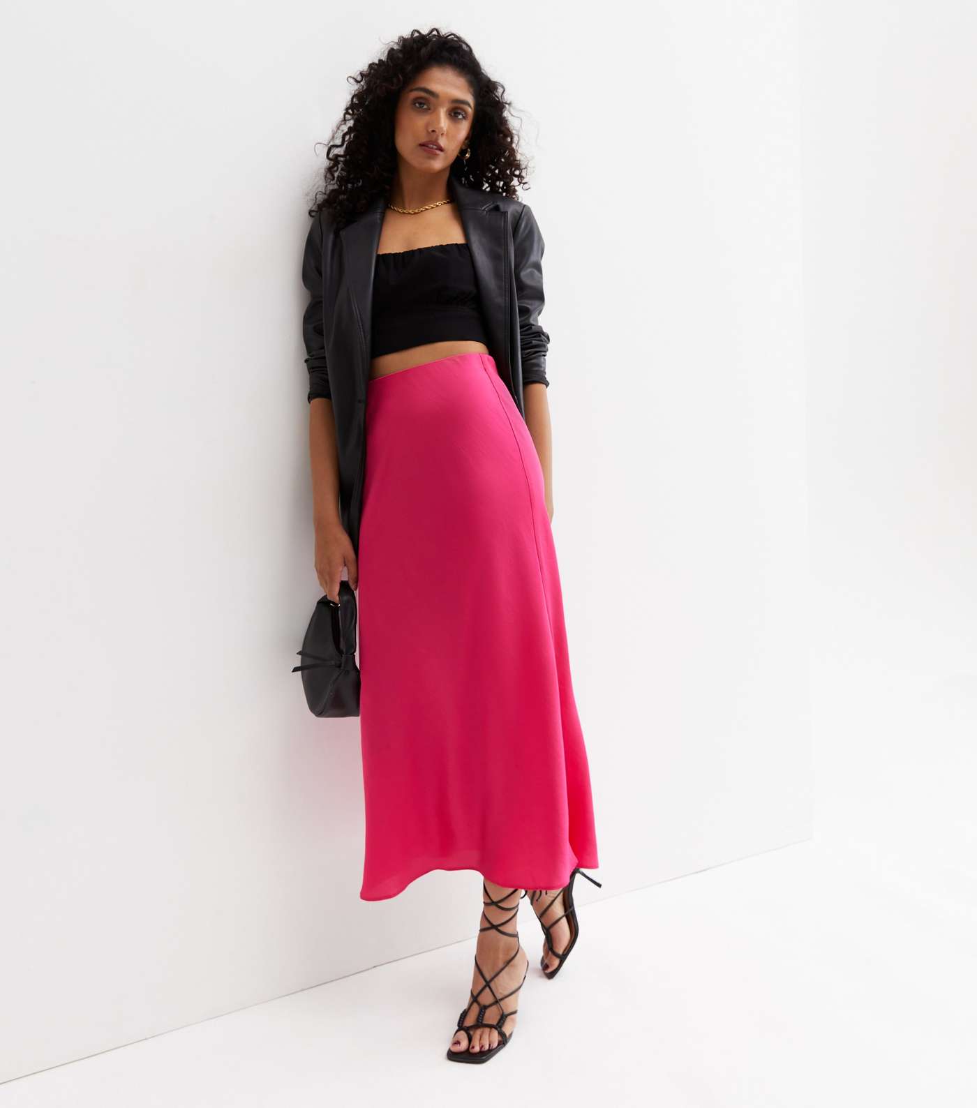 Bright Pink Satin Bias Cut Midi Skirt