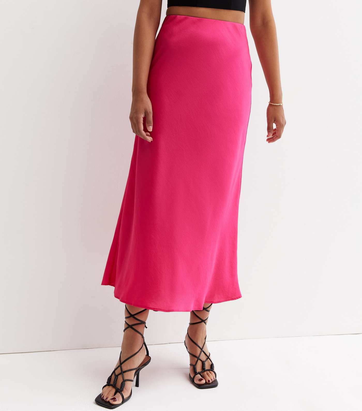Bright Pink Satin Bias Cut Midi Skirt Image 3