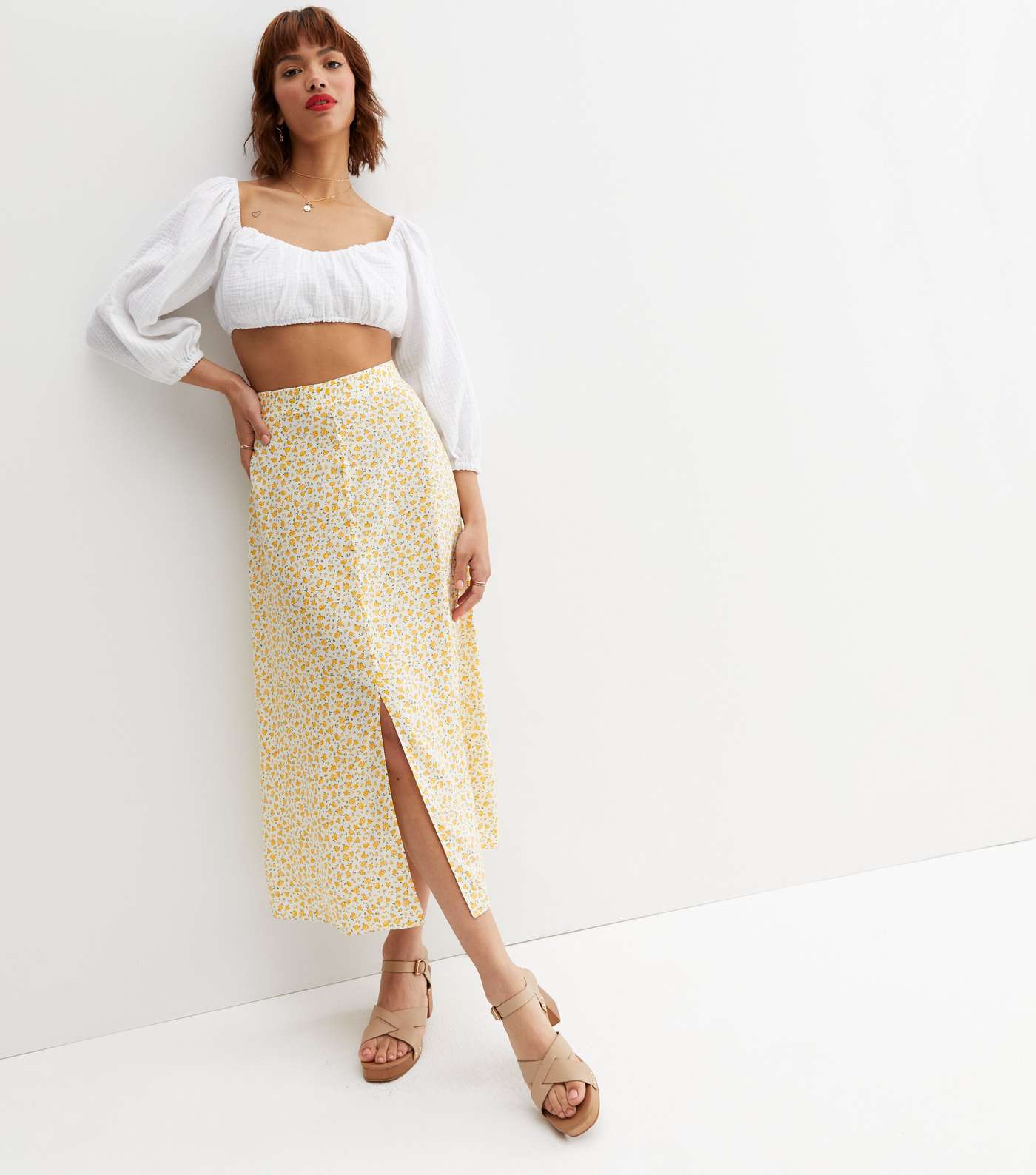 Yellow Ditsy Floral Button Front Midi Skirt