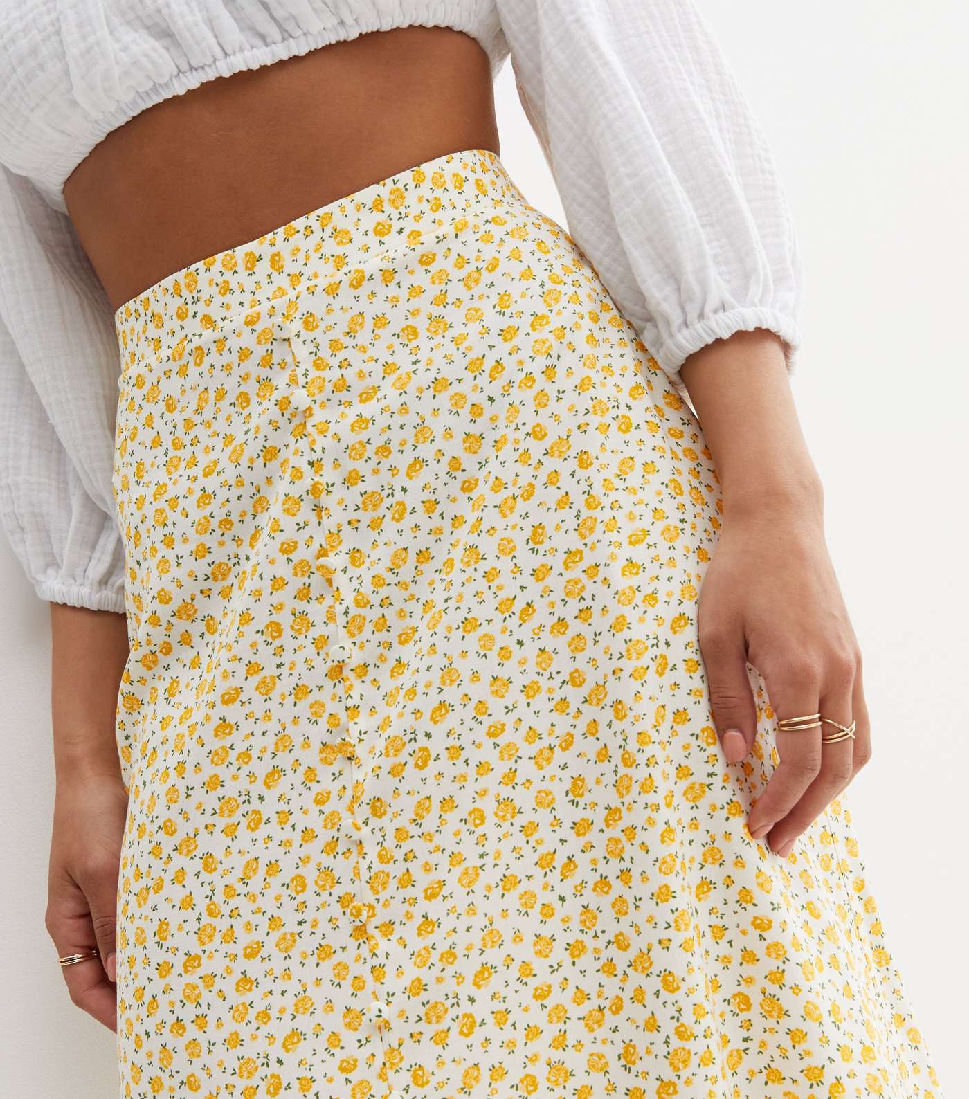 Yellow Ditsy Floral Button Front Midi Skirt Image 3