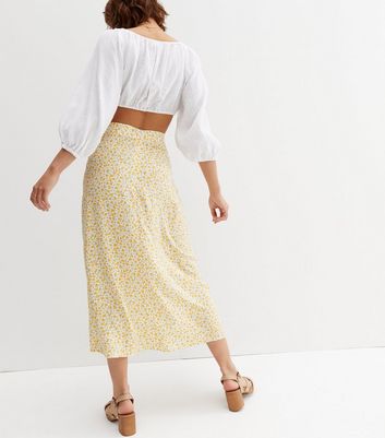 Yellow Ditsy Floral Button Front Midi Skirt New Look