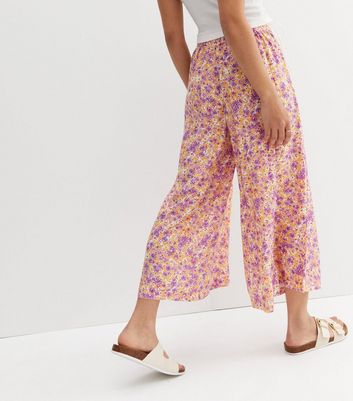 Orange Floral Wide Leg Crop Trousers | New Look