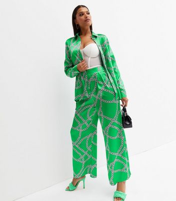 Green Chain Satin Wide Leg Trousers | New Look