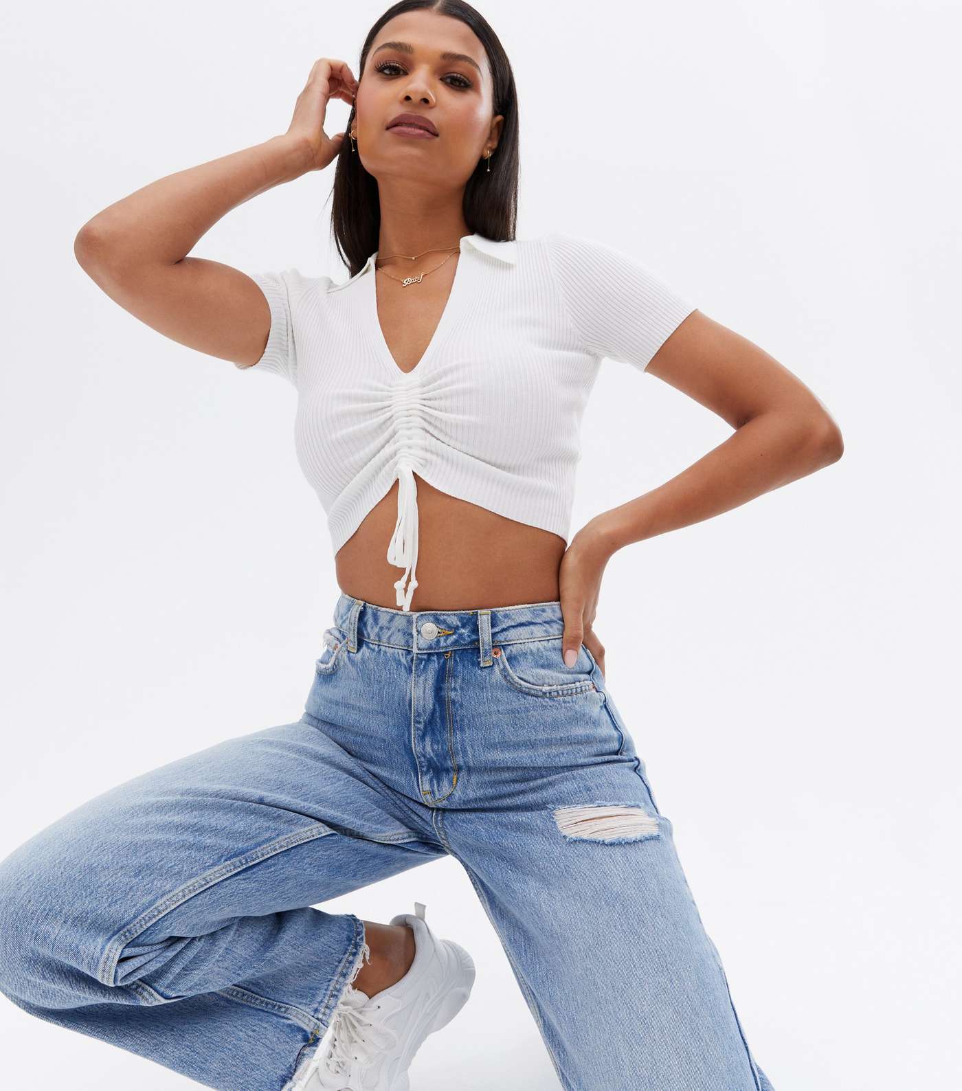 White Ribbed Ruched Polo Crop Top Image 3