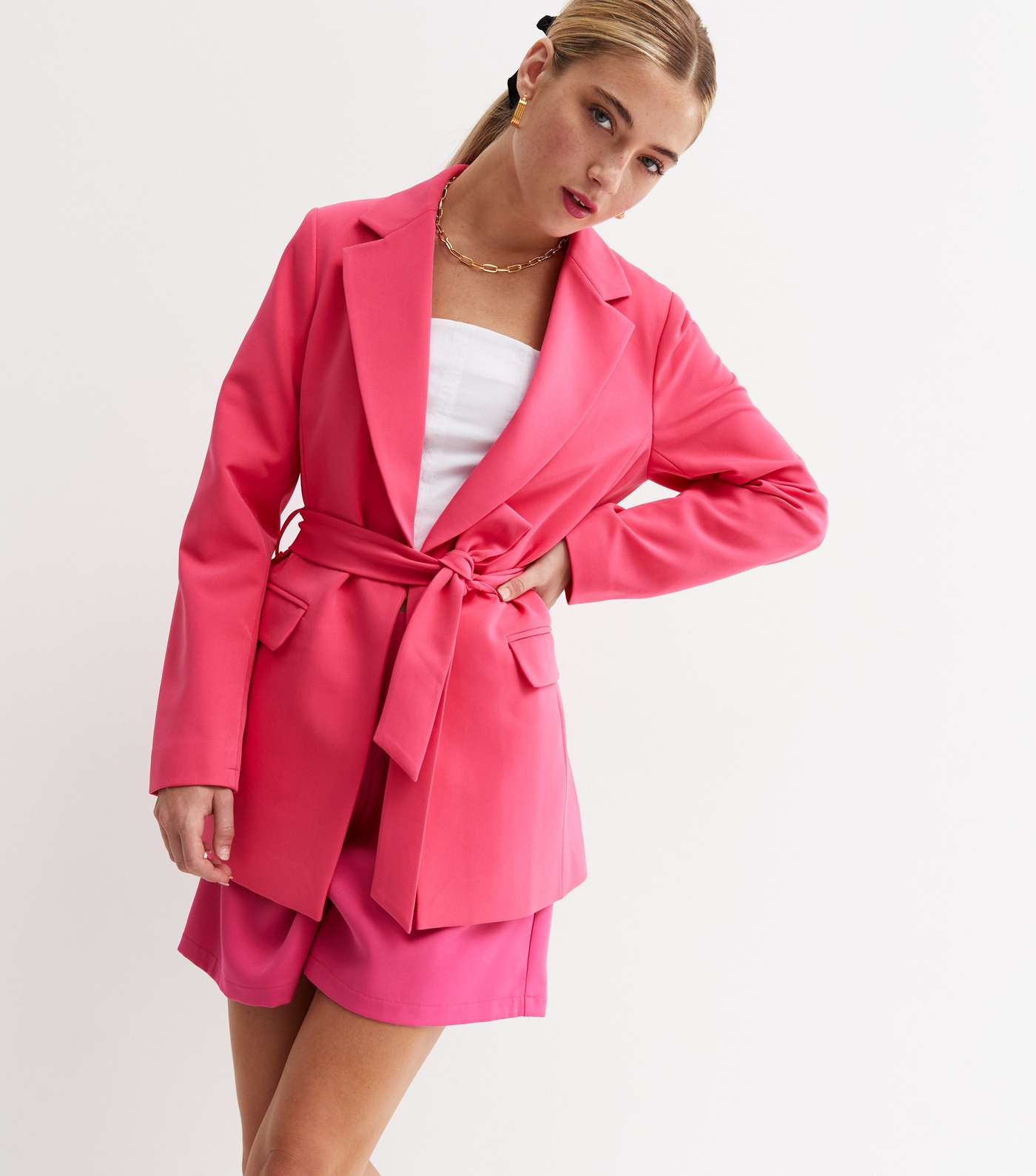 Bright Pink Long Sleeve Belted Blazer Image 3