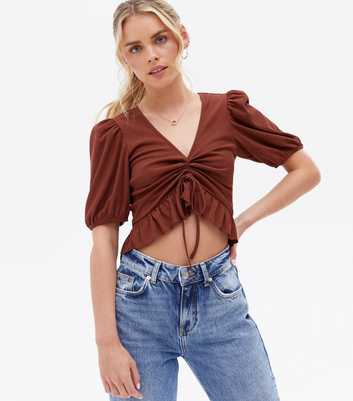 Petite Brown Ribbed Ruched Front Frill Crop Top